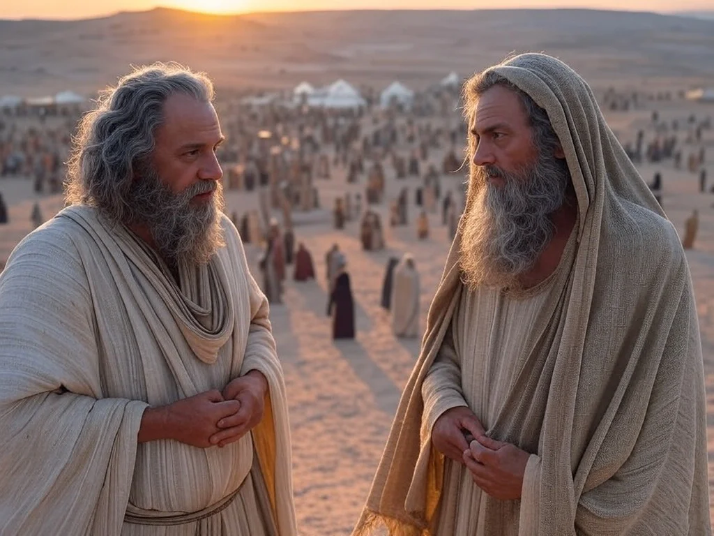 Mose und Aaron sprechen in der Wüste über Gottes Gesetz, während die Israeliten ihnen zuschauen.