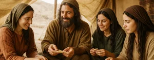 Jakob und seine Frauen beim Essen in einem Zelt im antiken Israel